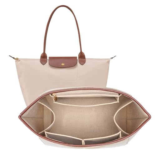 Felt Purse Organizer Insert for Longchamp Le Pliage L Bag Handbag Leather edge Longchamp Organizer Insert (Beige, Large)