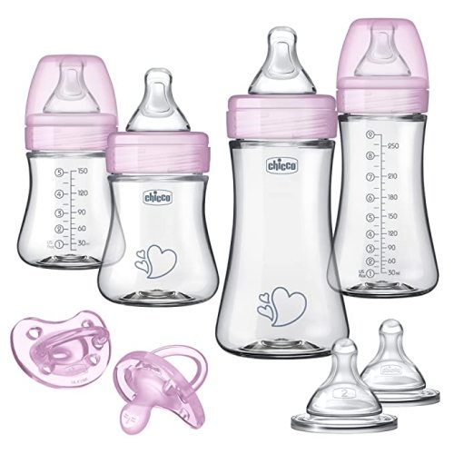 Chicco Duo Glass-Lined Baby Bottle Newborn Starter Giftset, Real Glass Inside, Plastic Outside, Patented Invinci-Glass Hybrid Design, Intui-Latch Nipple, Clear/Pink