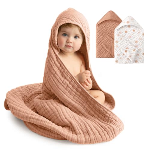 Baby Bath Towels, 100% Muslin Cotton Hooded Baby Towels for Newborn, 2 Pack Baby Towels with Hood for Infant Toddler and Kids, Large 32x32Inch Bath Essentials, Soft and Absorbent Orange Rainbow