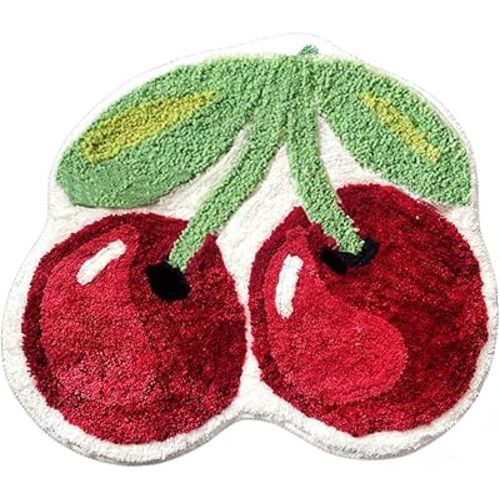 Lupidyyxun Cherry Bath Mat for Bathroom, Non Slip Cute Bath Mats Fruit Shaped Absorbent Bath Rugs Bathroom Tub Plush Shower Rugs Washable Carpet for Kid's Room (Cheery)