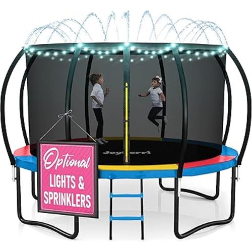 JoyBerri Trampoline Outdoor - ASTM Certified Safe, 8Ft, 10Ft, 12Ft, 14Ft, 15Ft, 16Ft Recreational Trampoline for Kids and Adults. Anti-Rust Coating with Enclosure Net, Ladder, Sprinkler & LED Lights