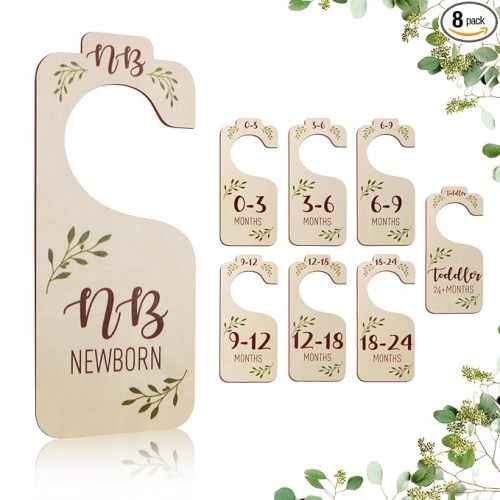 Baby Closet Dividers for Clothes Organizer - 8 PCS Adorable Wooden Double-Sided Baby Clothes Size Hanger Organizer from Newborn to Toddler for Nursery Decor