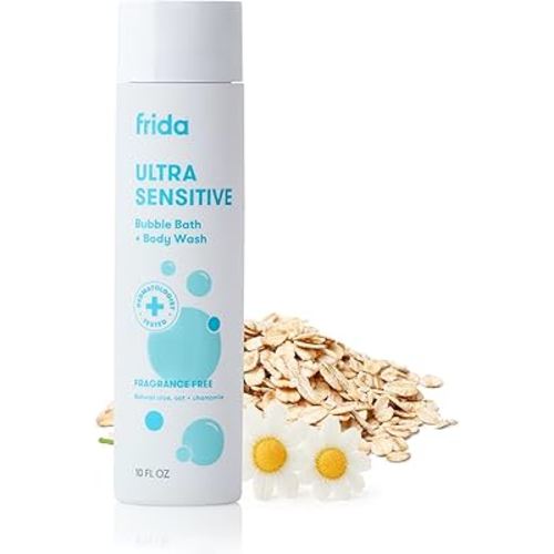 Frida Baby Unscented Fragrance-Free Bubble Bath + Body Wash, Oat & Chamomile Toddler & Baby Body Wash for Sensitive Skin, Dermatologist Tested, Tear-Free, Hypoallergenic, Safe for Skin, 10oz