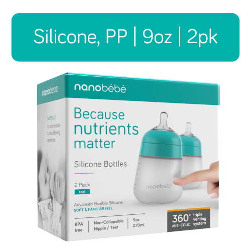 Nanobebe Anti-Colic Flexy Silicone Baby Bottles | Teal, 9 oz, 2 Pack
