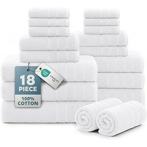 CASA PLATINO 100% Cotton Bath Towel Set 18 Pc - Super Soft, Absorbent & Quick Dry - 6 Bath, 6 Washcloths, 6 Hand Towels for Bathroom - Hotel Quality Turkish Towels, Ideal for Spa, Gym & Travel - White