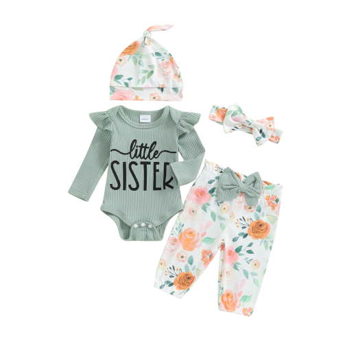 Qtinghua Newborn Baby Girl Clothes Outfits Rib Knit Bodysuit Romper Floral Pants Headband Hat Coming Home Outfit