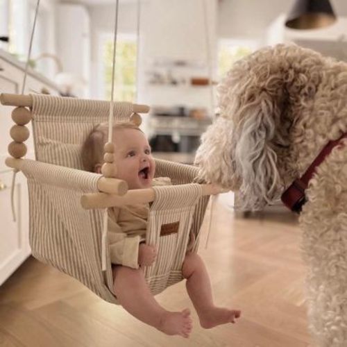 Sweet Swinging - Indoor Baby Swing w/ Pillow - Greige/Vanilla Stripe