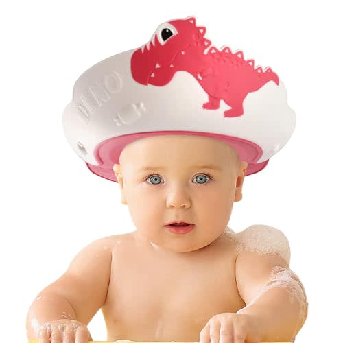 FUNUPUP Baby Shower Cap for Kids, Baby Bath Shampoo Visor Cap Hair Washing Shield Adjustable Silicone Bath Hat for Toddler Girls and Boys (Dinosaur,Red)