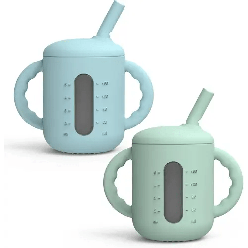 Seposeve 2 Pack Silicone Sippy Cups, Leak-Proof Baby Straw Cup for 6-12 Months, Spill Proof Toddler Cup with Straw 1-3 Years, with Capacity Marking, Non-slip Handle, Flow Control, 6 oz, Green Blue
