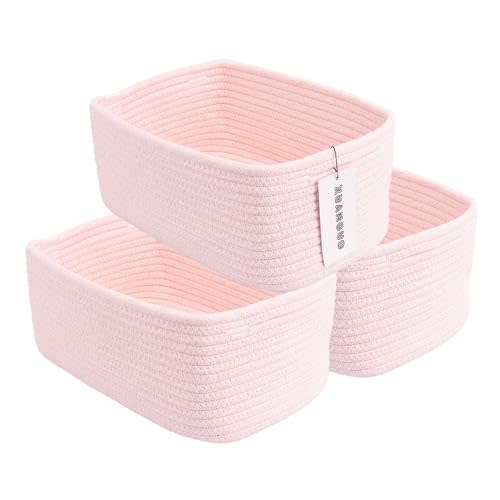 XUANGUO Small Woven Storage Baskets 12“X8”X5“ Decorative Rope Bins for Organizing Shelves, Closets, and Toys, Empty Gift Baskets, Cute Organizer Basket for Home and Office (pink, regular)