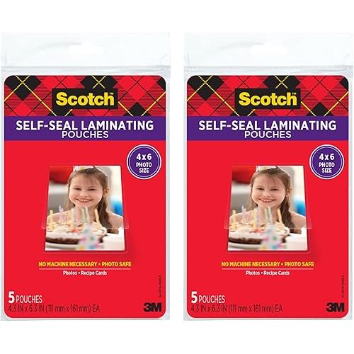 Scotch Self-Sealing Laminating Pouches, Photo Size (4-3/8" x 6-3/8"), Glossy, 10-Pack (2 Packs of 5)