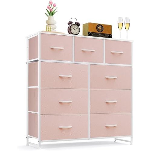 9-Drawer Dresser for Bedroom, Anti-Tip Tall Storage Organizer Chest of Drawers with Wooden Top and Metal Frame Fabric Bins for Closet, Living Room, Hallway, Entryway, Pink
