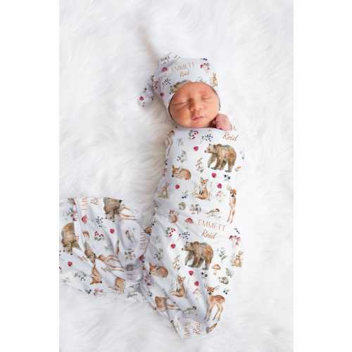 Custom Woodland Swaddle Set Forest Animal Swaddle Blanket Woodland Knotted Hat Animal Headband Hospital Blanket Name Coming Home Outfit B15