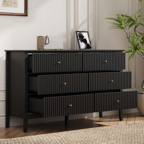 Black Dresser Fluted 6 Drawer Dresser Wide Modern Chest of Drawers Large Closet Dressers Wood Storage Dressers Organizer Storage Cabinet for Bedroom Living Room Hallway Entryway