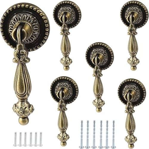 Bonsicoky 6PCS Antique Style Tear Drop Pulls - Vintage Cabinet Decorative Pull Handle Knob for Drawer, Dresser, Wardrobe - Bronze