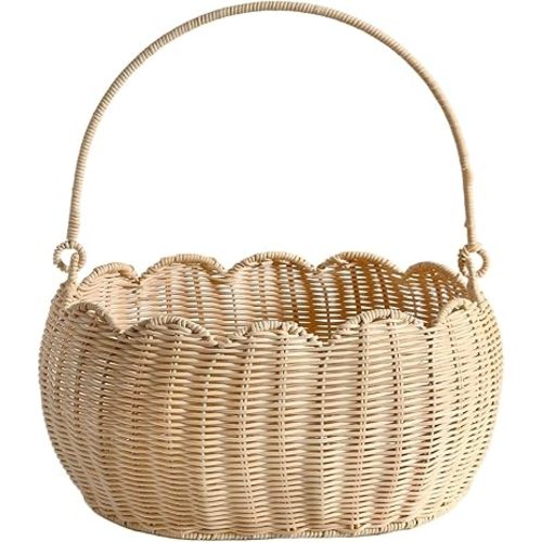 Scalloped Edge Round Basket with Handle, Super Sturdy Wicker Storage Baskets, Hand Woven Basket for Shelves,Natural Baskets for Organizing (White Rattan 12.6"*9"*6.1")