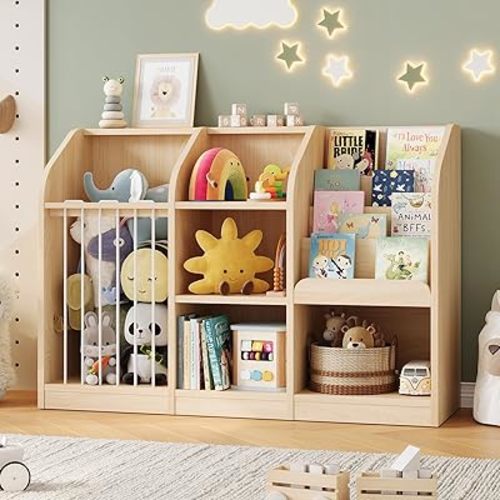 ONBRILL Toy Storage Organizer with Bookshelf & Stuffed Animal Storage, Kids Montessori Low Cabinet with 4 Open Cubbies for Kids Room Playroom Nursery Bedroom Living Room (Maple Wood)