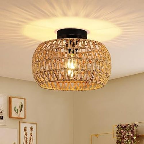12" Boho Ceiling Light Fixture, Rattan Flush Mount Ceiling Light, Small Rustic Hand Woven Chandelier for Farmhouse Hallway Bedroom Kitchen Entryway Closet, E26 Socket