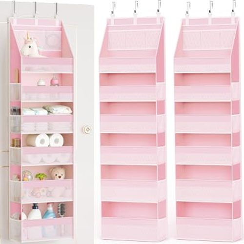 Criusia 2 Pack Over the Door Organizer, 6-Shelf Closet Hanging Storage with 13 Mesh Pockets, 55lbs Capacity Behind the Door Storage for Baby Nursery, Bathroom, Bedroom, and Dorm, Pink