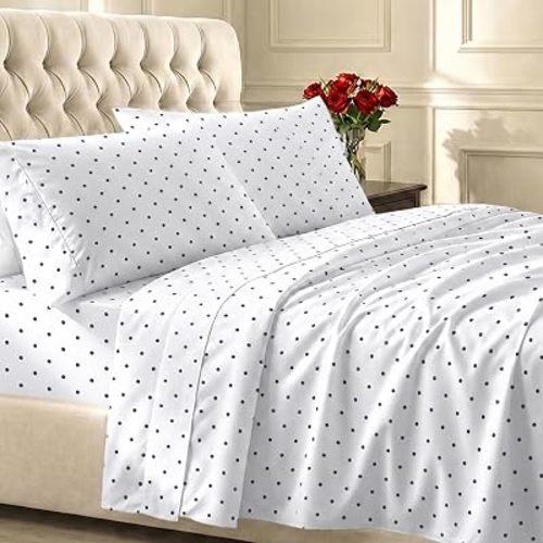 California Design Den Soft 100% Cotton Queen Bed Sheet Set, Polka Dot Print