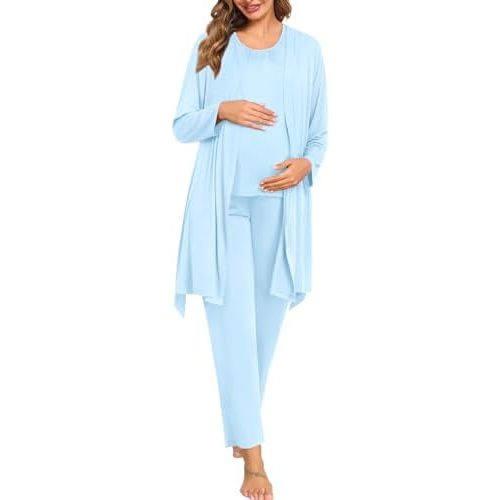SWOMOG 3pcs Maternity Nursing Robe Set Labor Delivery Double Layer Pajamas Set Postpartum Breastfeeding PJS, S-XXL