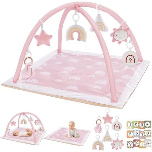 Mallify Washable Tummy Time Mat, Baby Play Gym with 6 Featured Toys and 12 Milestone Cards, Baby Gym for Infant & Toddler, Deluxe Larger Baby Play Mat, Baby Play Mats for Floor, Non Slip Mats