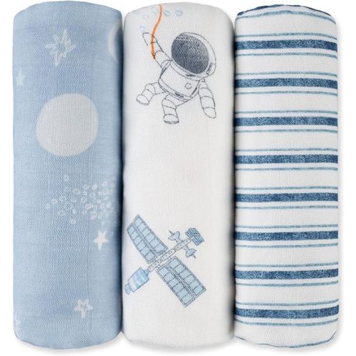 GLLQUEN BABY Receiving Blanket Boy Cotton Muslin Swaddle Blankets Girl Newborn Squares Breathable & Soft Thin Baby Blankets Cloths Double Absorbent Infant Swaddling Wrap - 3 Pack (Blue Astronaut)
