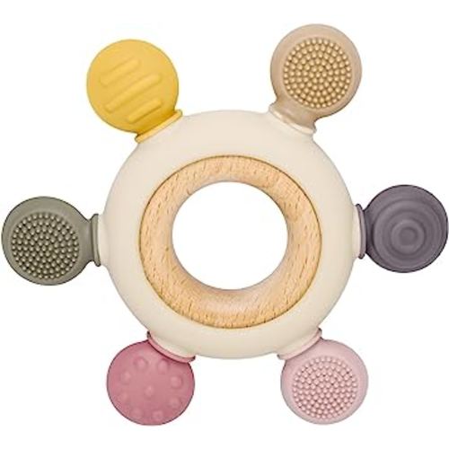 Baby Teething Toys Silicone Teethers BPA Free Silicone Rudder with Wooden Ring Soothe Babies Gums (Khaki)