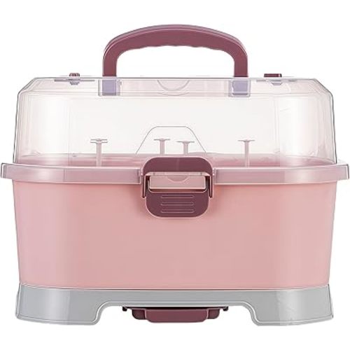 Baby Bottle Drying Rack Storage, Large Nursing Bottle Storage Box Organizer with Cover, Portable Kitchen Cabinet Organizer, Easy to Clean Drainer, Durable countertop Dryer Pink