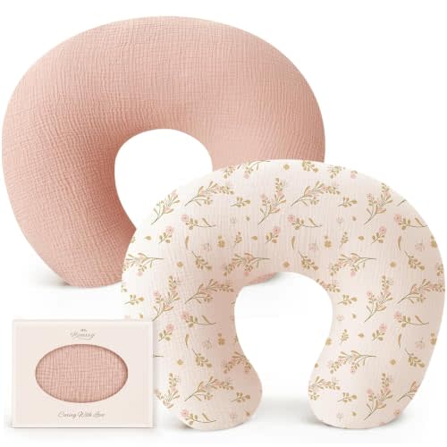 Konssy 2-Pack Muslin Nursing Pillow Covers, Floral Soft Slipcover for Baby | Covers Only, 100% Cotton, Hidden Zipper, Washable, Breastfeeding Pillows Covers for Newborn Boys & Girls, (Pink, Floral)