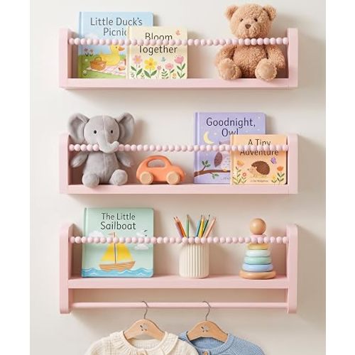 Maxpeuvon Nursery Book Shelves for Wall, Pink Floating Shelves Set of 3