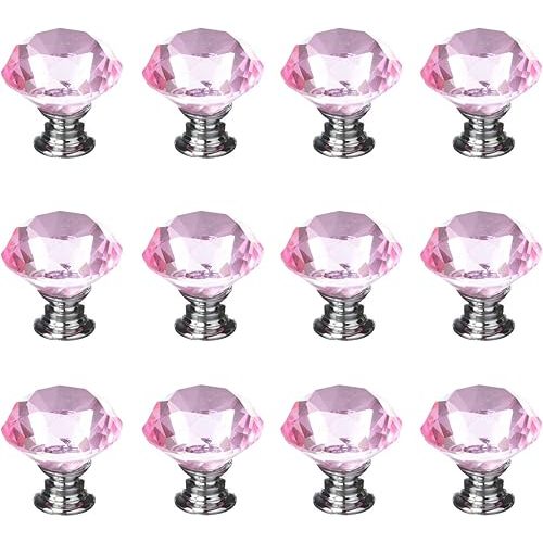 12pcs Diamond Shape Crystal Glass 30mm Cabinet Drawer Knob Pink