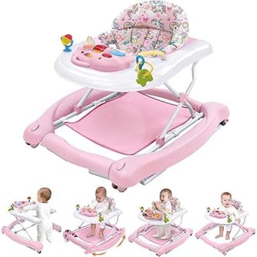 Foldable Baby 5-in-1 Activity Walker - Rocker, Activity Center, Bouncer, Seat Walker, Push Walker - Adjustable Speed Rear Wheels and Height Toys Ages 6-18 Months(Pink)
