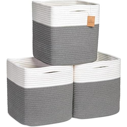 NaturalCozy Storage Cubes 11 Inch Cotton Rope Woven Baskets for Organizing, 3-Pack | Cube Storage Bin | Square Storage Baskets for Shelves Organizer, Classroom, Kids Toy Bins, Closet, Baby Nursery