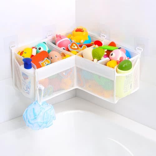 KPH Corner Bath Toy Organizer - Space-Saving 3-Compartment Bath Toy Storage, Mesh Bathroom Toy Holder for Kids, Durable Bathtub Organizer with Drain Holes