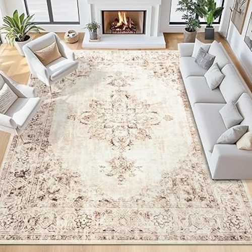 Area Rug 5x7, Washable Rug for Living Room, Large Area Rugs for Bedroom, Vintage Rug 5x7 for Dining Room, Non Slip Soft Low Pile Indoor Carpet for Kitchen, Nursery, Office, Farmhouse, Beige