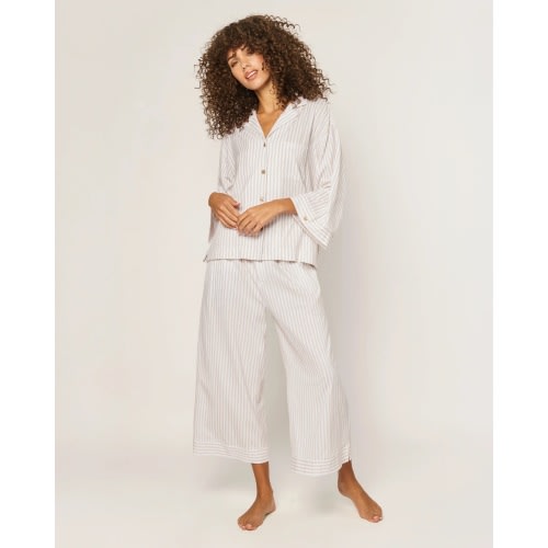 The Olivia Wide Leg Pima Pajama Set in Camel Ticking