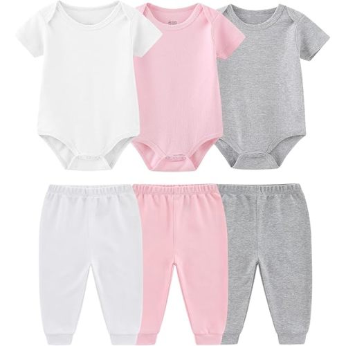Ruliby Baby Bodysuit and Pant Set 6-pcs Ribbed Soft Infant Boy Girl Clothes Outfits