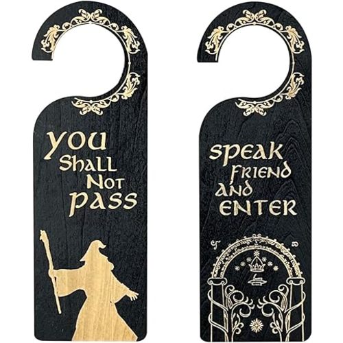 2 Pack Rustic Funny Lord of the Rings Wooden Door Knob Signs, One is Speak Friend and Enter Welcome hanger sign, The Other One is You Should Not Pass Hanging Wood Tag (Large Black)