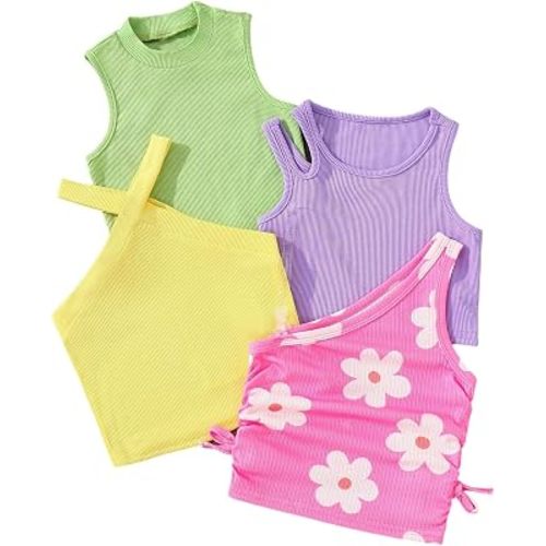 OYOANGLE Toddler Girl's 4 Pack Ribbed Knit Crop Tank Tops Summer Camisole | One Shoulder, Crewneck, Cut Out, Sleeveless, Cute, Summer Casual, Crop Tops for Kids