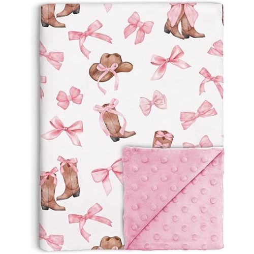 Coquette Boots Bows Baby Blanket for Girls, Soft Double Layer Minky with Dotted Backing, Western Cowgirl Theme Toddler Nursery, Newborn Infant Toddler Crib Bedding, Receiving Blankets, 30"x40"