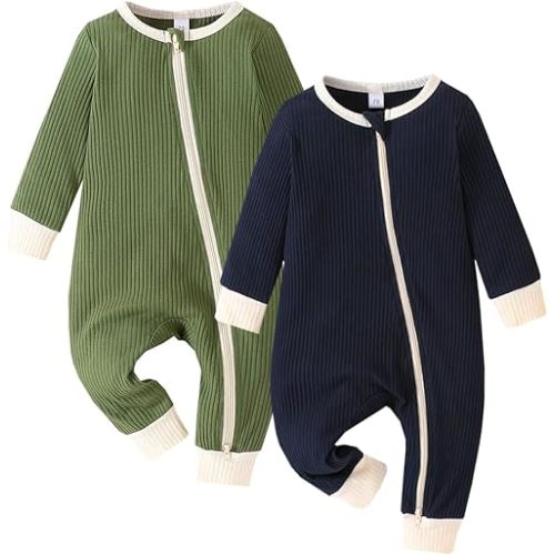 Bafeicao Unisex Baby Boy Girl 2 Pack Rompers Long Sleeve Two Way Zipper Romper One Piece Jumpsuits Clothes Sets