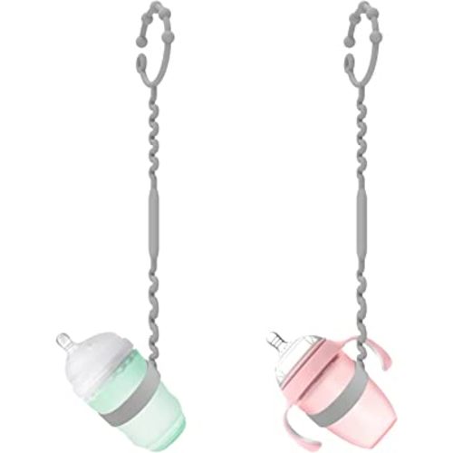 Keep Bottles and Sippy Cups Off the Floor with Sippy Cup Strap - Food Grade Silicone Bottle Bungee for High Chair, Stroller & More - Great for Babies and Toddlers - Grey, 2Pack