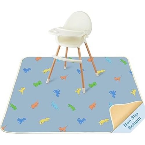 BeBeJoJo Splat Mat for Under High Chair 42 x 42 Inch Waterproof Baby Splash Mat with Non Slip Bottom Reusable Portable Highchair Mat for Floor Food Catcher for High Chair, Blue Dinosaur
