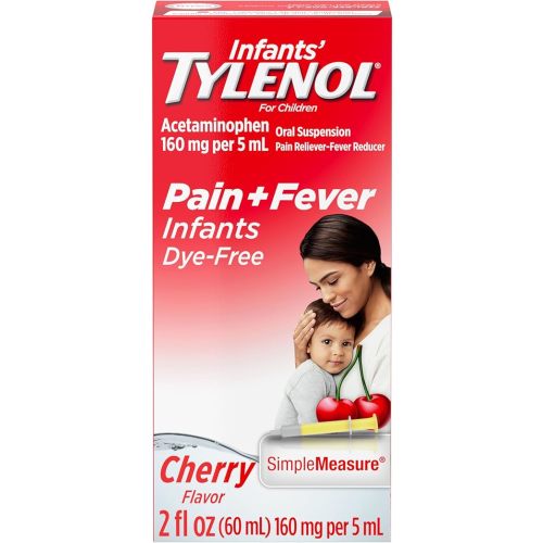 Infants' Tylenol Liquid Pain Relief and Fever Medicine, Oral Suspension, Dye-Free Acetaminophen for Sore Throat, Headache & Teething, Fever Reducer for Kids; Cherry Flavor, 2 fl. oz.; Pack of 1