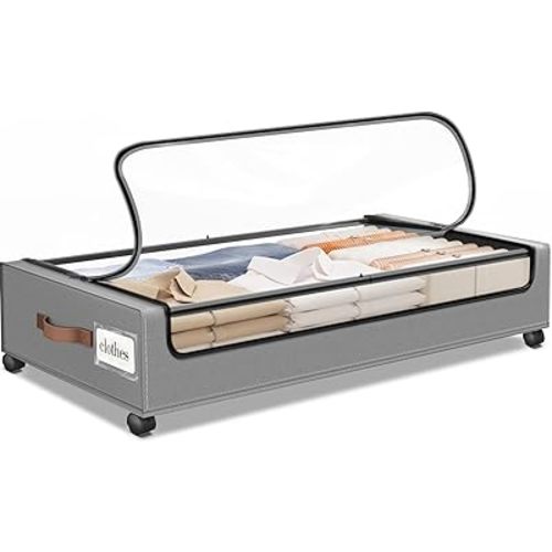 Under Bed Storage with Wheels 1Pack Underbed Storage with Clear Window&Label Under Bed Drawers Large Capacity Rolling Under Bed Storage for Clothes,Shoes, Blankets (Light Grey)