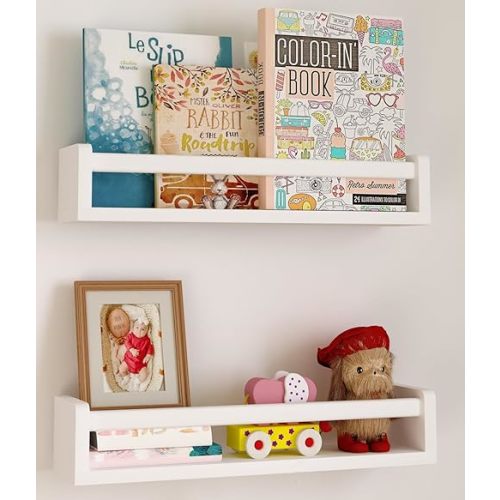 Nursery Floating Shelves, White Nursery Book Shelves for Wall, 16 inch Wall Bookshelf for Kids Solid Wood Wall Mounted Shelves for Books,Toys and Decor Storage, Set of 2