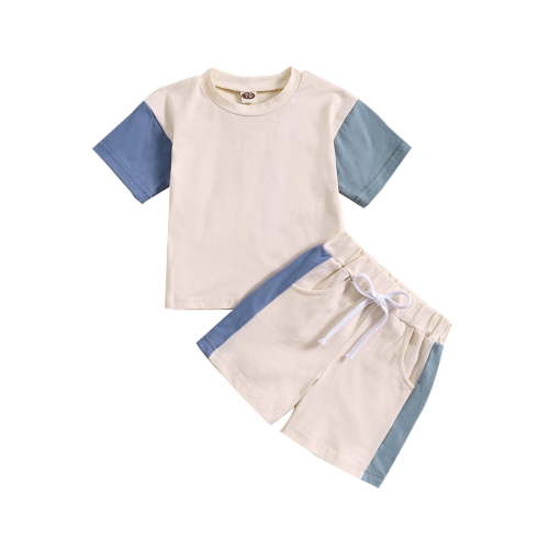 Xudanell Boys Suits Sleeve Color Matching Tri Color Tops Shorts Set Toddler Boy Clothes Blue 6-12 Months