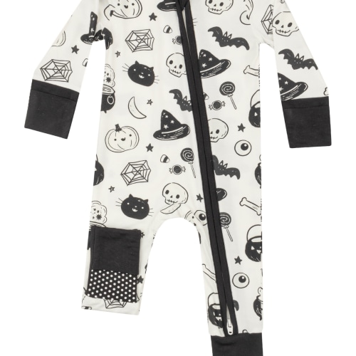 2-Way Zip Romper, Black & White Halloween