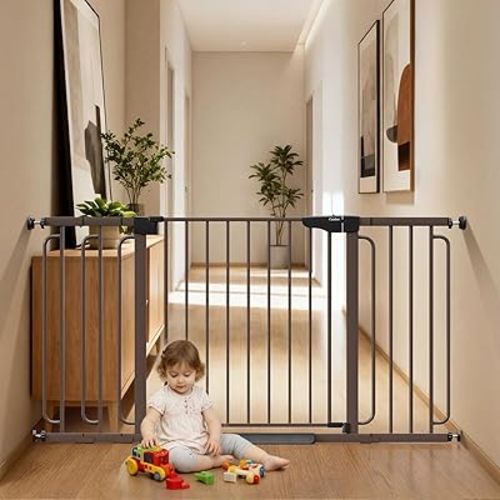 Cumbor 36.6-59" Extra Wide Baby Gate for Stairs, Pressure Mounted Dog Gate for Doorways, Auto-Close Easy Walk Through Safety Child Gate for Kids Toddler, Tall Pet Gates Indoor, Brown